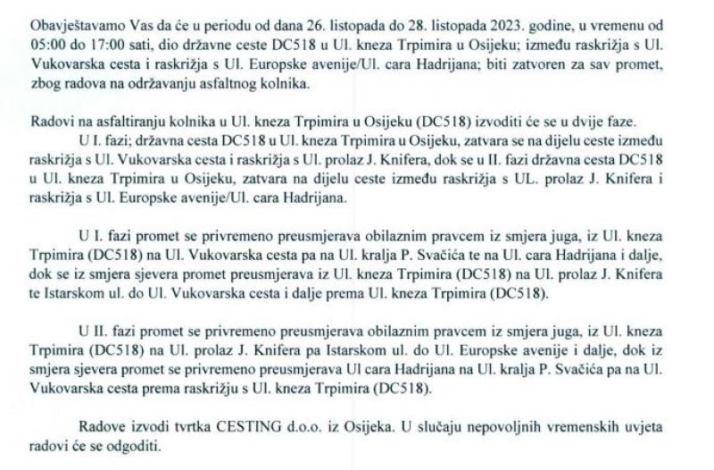 Zatvoren dio Trpimirove ulice u Osijeku