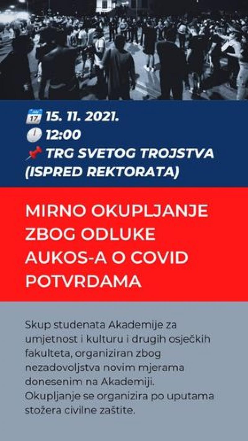 Mirno okupljanje studenata zbog odluke AUKOS-a o COVID potvrdama